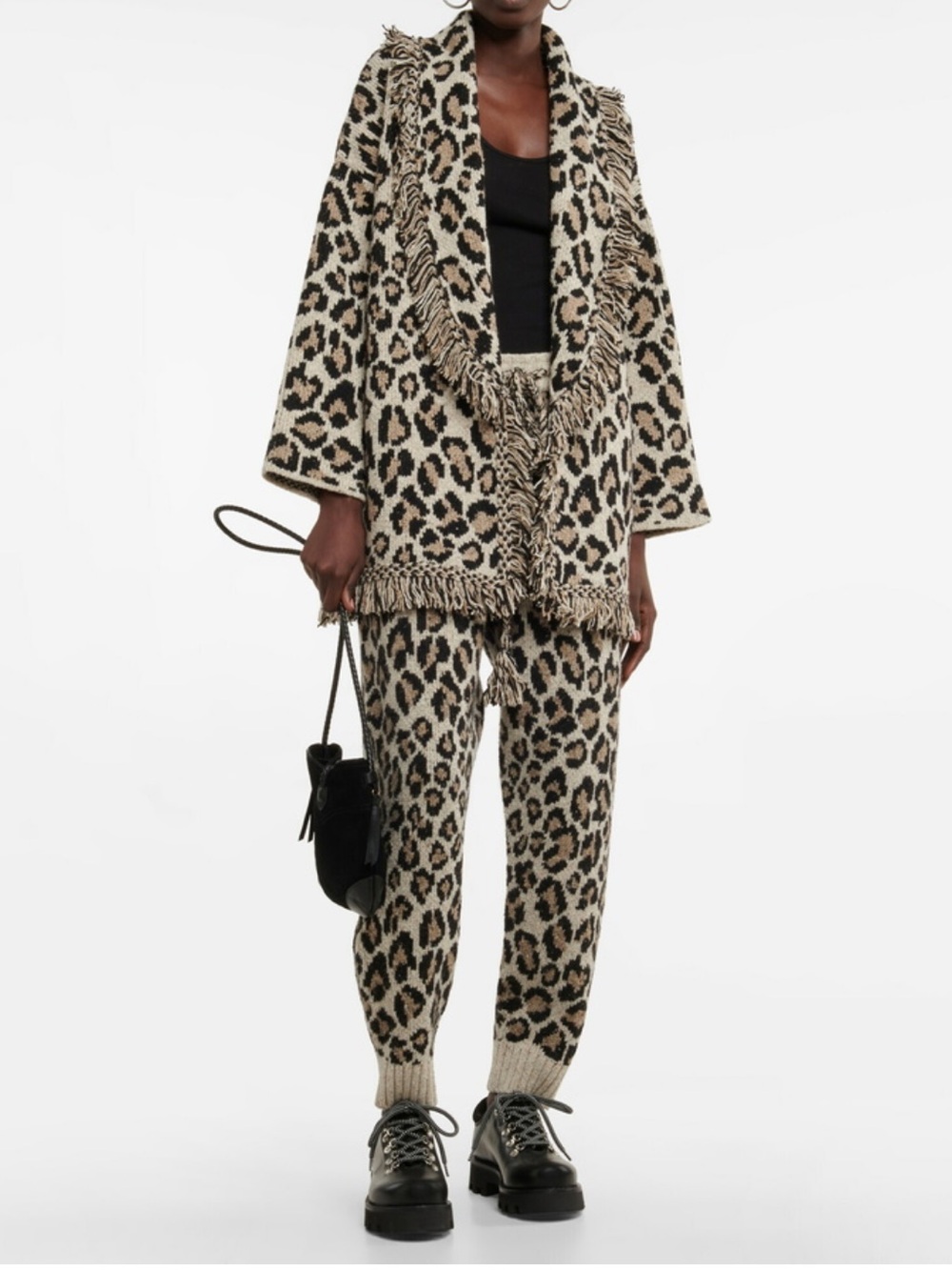 Alanui Wild Spirit Intarsia Leopard Print Grey Wool Blend Chunky Knit Sweatpants